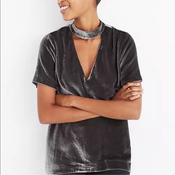 MADEWELL DARK METAL GREY VELVET SILK BLEND CHOKER SHIRT SLEEVE WOMENS TOP - Picture 7 of 11